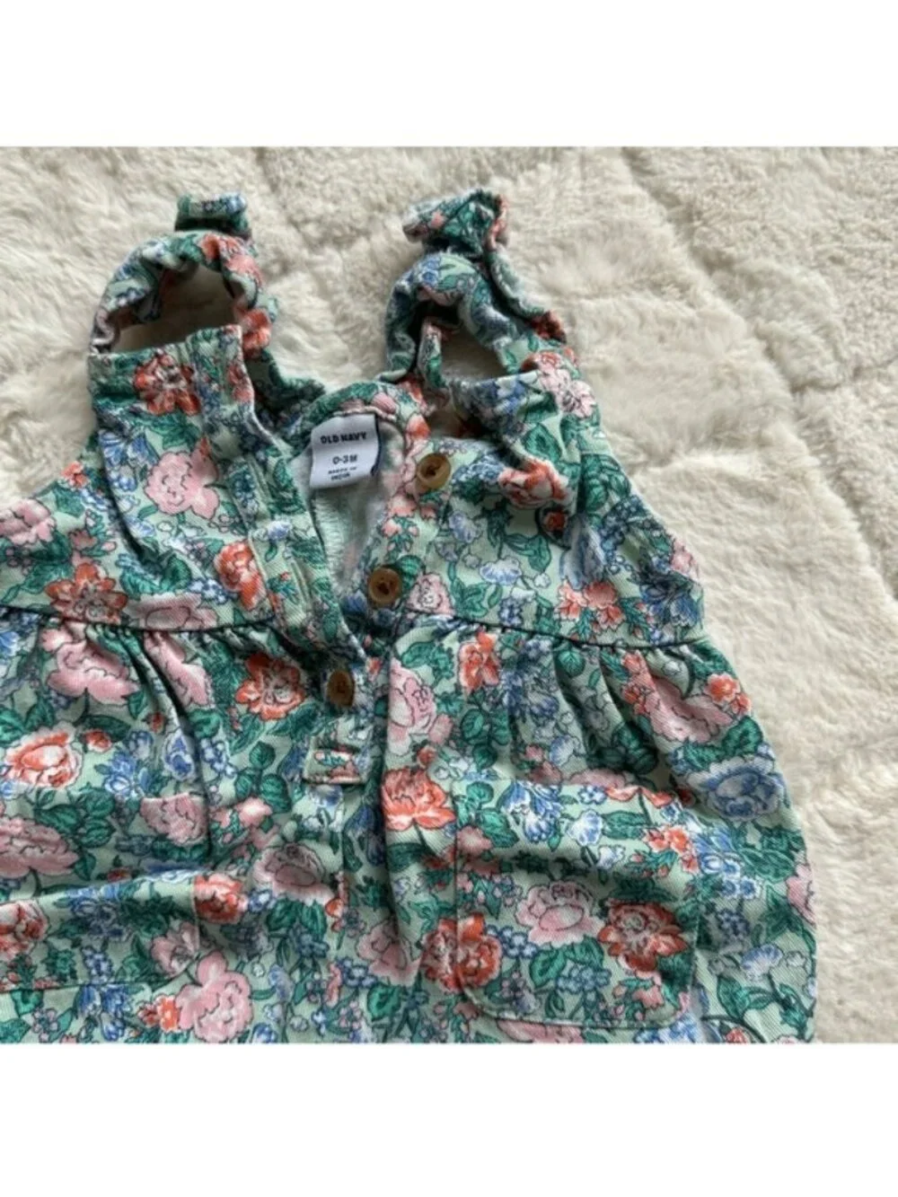 Old Navy | Green and Pink Floral Ruffle Overalls | Size 0-3 Months